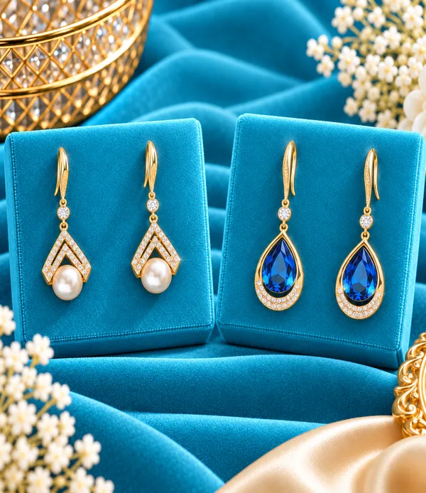 Premium_Combo_–_Pearl_Chevron_&_Royal_Blue_Crystal_Drop_Earrings