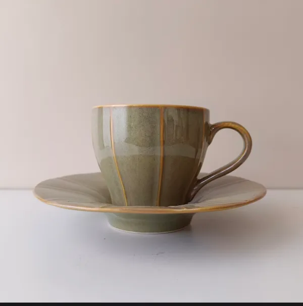 Olive_Taupe_With_Gold_Edging_Stoneware_Cup_And_Saucer_Set_For_Kitchen