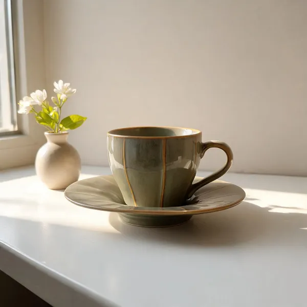 Olive_Taupe_With_Gold_Edging_Stoneware_Cup_And_Saucer_Set_For_Kitchen