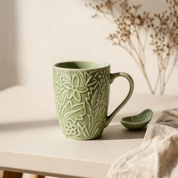 Green_Stoneware_Mug_With_Spoon_For_Kitchen