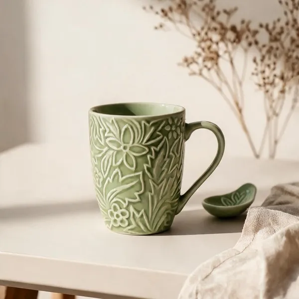 Green_Stoneware_Mug_With_Spoon_For_Kitchen
