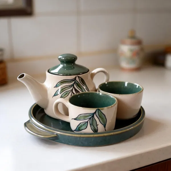 White_Stoneware_Tea_Set_With_Tray_For_Kitchen