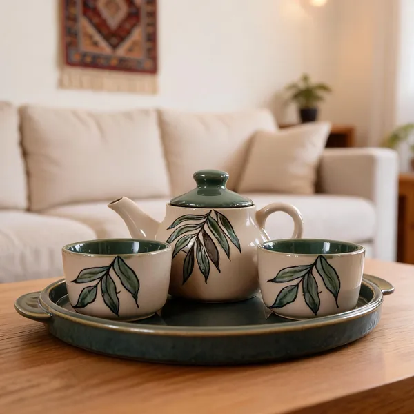 White_Stoneware_Tea_Set_With_Tray_For_Kitchen