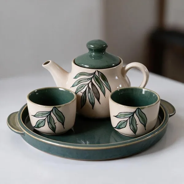 White_Stoneware_Tea_Set_With_Tray_For_Kitchen
