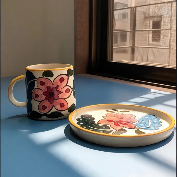 Multicolour_Stoneware_Mug_And_Plate_Set_For_Kitchen