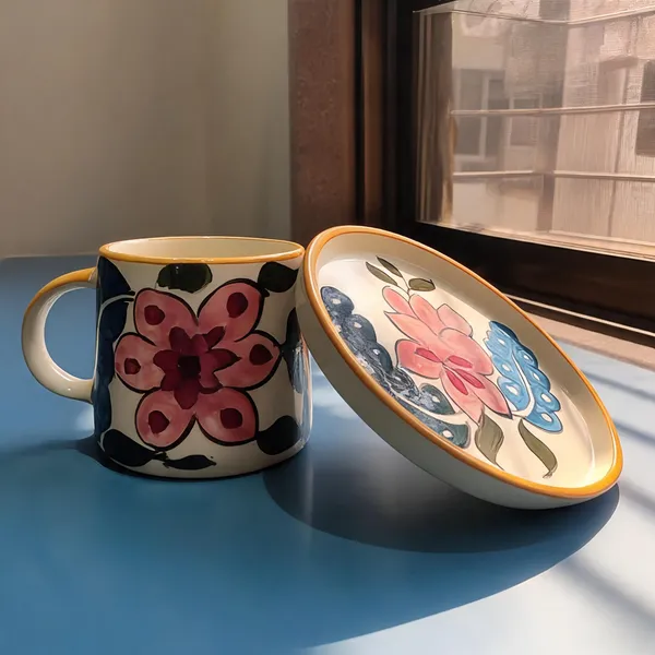 Multicolour_Stoneware_Mug_And_Plate_Set_For_Kitchen