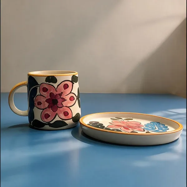 Multicolour_Stoneware_Mug_And_Plate_Set_For_Kitchen