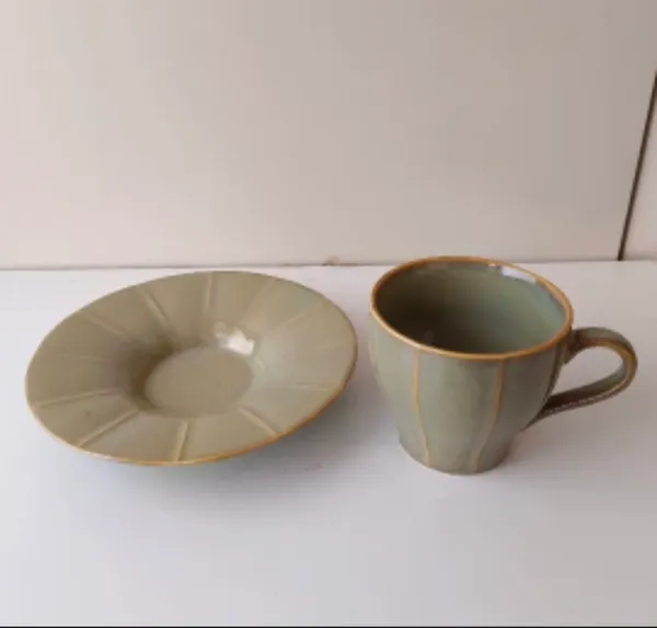 Olive_Taupe_With_Gold_Edging_Stoneware_Cup_And_Saucer_Set_For_Kitchen