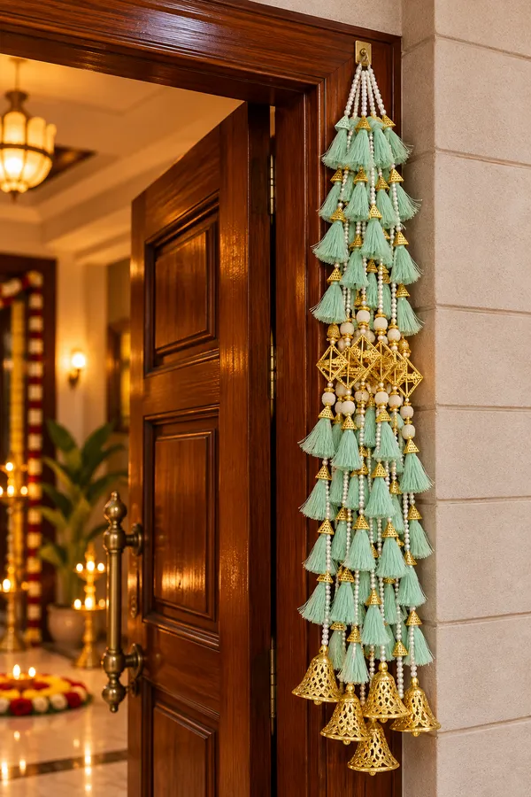 Handcrafted_Mint_Green_Pearl_Tassel_Door_Hanging_with_Golden_Bells_(Bandhanwar/Toran)