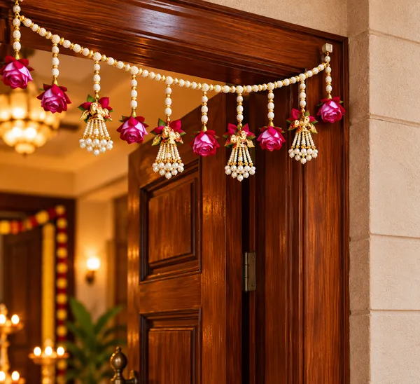 Handcrafted_Pearl_Rose_Floral_Door_Toran_with_Jhumka_Hanging_|_Premium_Bandhanwar