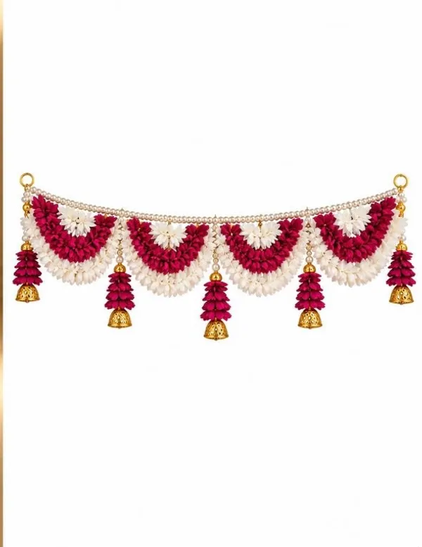 Handcrafted_White_&_Magenta_Floral_Door_Toran_with_Golden_Jhumka_|_Festive_Bandhanwar