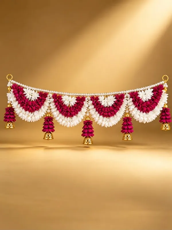 Handcrafted_White_&_Magenta_Floral_Door_Toran_with_Golden_Jhumka_|_Festive_Bandhanwar