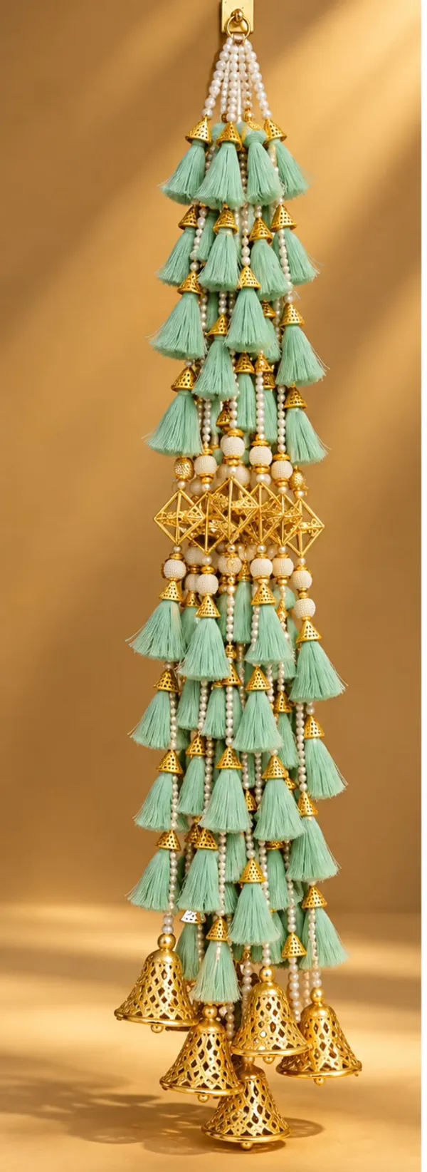 Handcrafted_Mint_Green_Pearl_Tassel_Door_Hanging_with_Golden_Bells_(Bandhanwar/Toran)