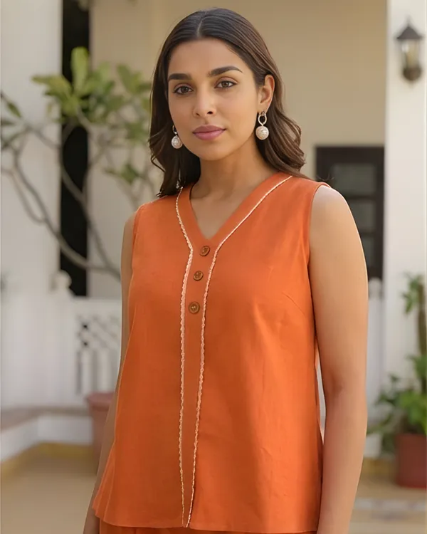 Solid_Cotton_Flex_Sleeveless_Co_Ord_Set_Orange