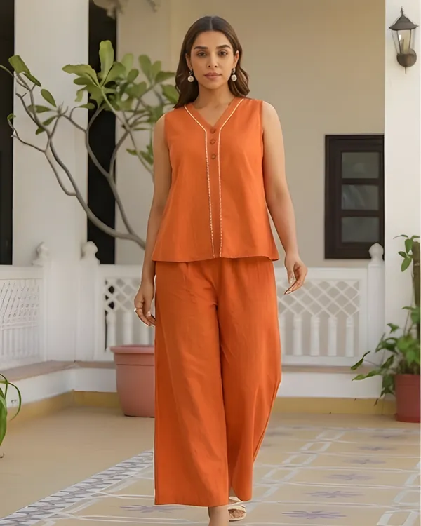 Solid_Cotton_Flex_Sleeveless_Co_Ord_Set_Orange