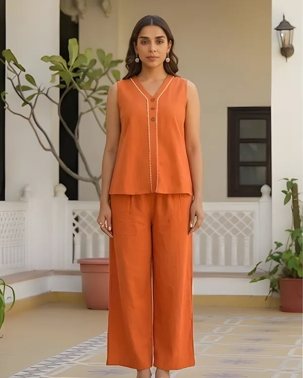 Solid_Cotton_Flex_Sleeveless_Co_Ord_Set_Orange