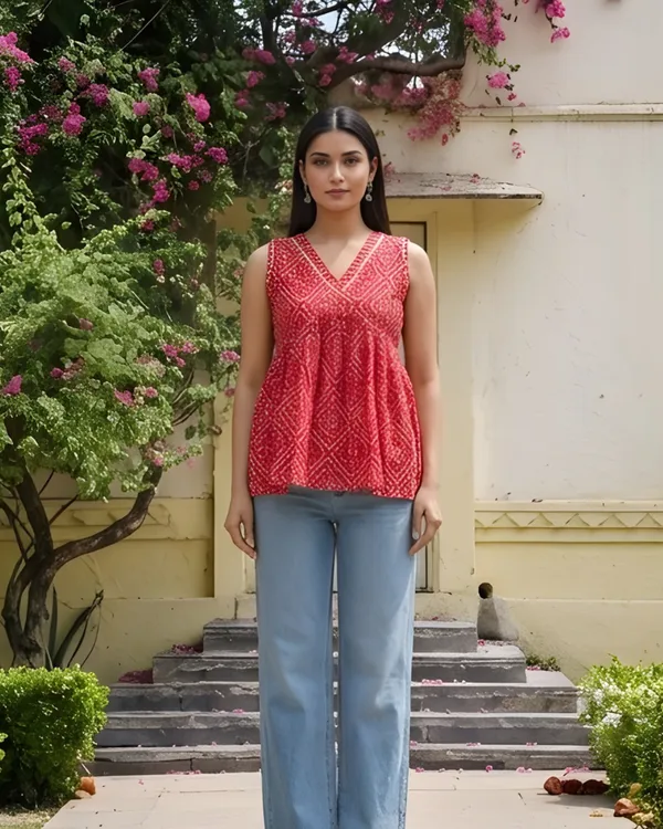 Women_Cotton_Bandhani_Sleeveless_Peplum_Style_Top_Red