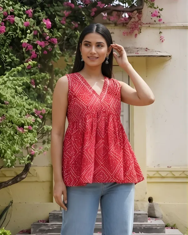 Women_Cotton_Bandhani_Sleeveless_Peplum_Style_Top_Red