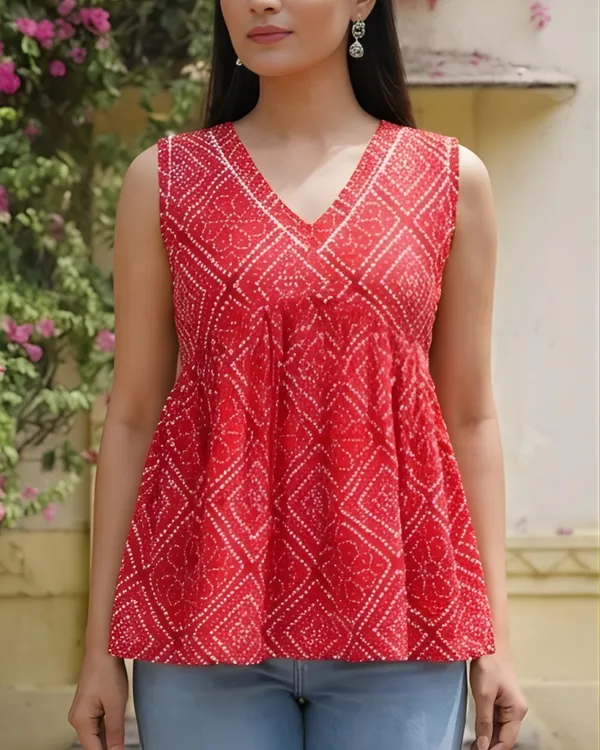 Women_Cotton_Bandhani_Sleeveless_Peplum_Style_Top_Red