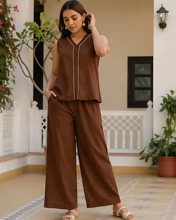 Solid_Cotton_Flex_Sleeveless_Co_Ord_Set_Brown