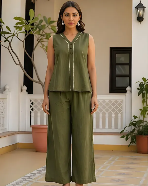 Solid_Cotton_Flex_Sleeveless_Co_Ord_Set_Olive_Green