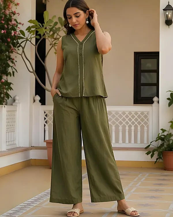 Solid_Cotton_Flex_Sleeveless_Co_Ord_Set_Olive_Green