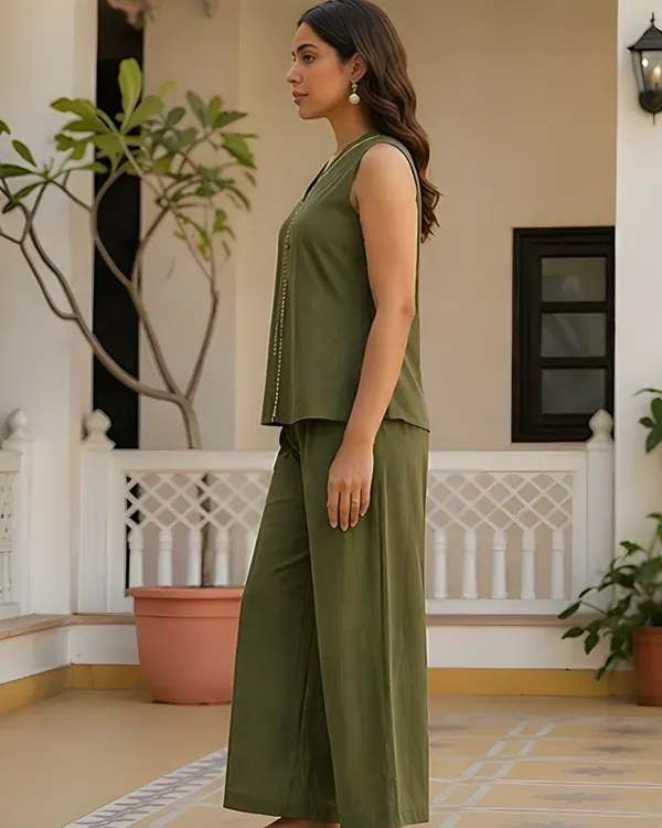 Solid_Cotton_Flex_Sleeveless_Co_Ord_Set_Olive_Green