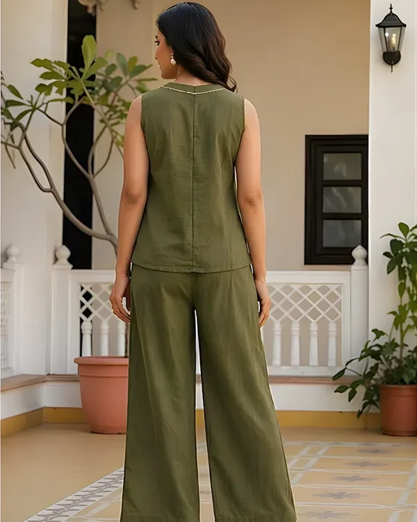 Solid_Cotton_Flex_Sleeveless_Co_Ord_Set_Olive_Green