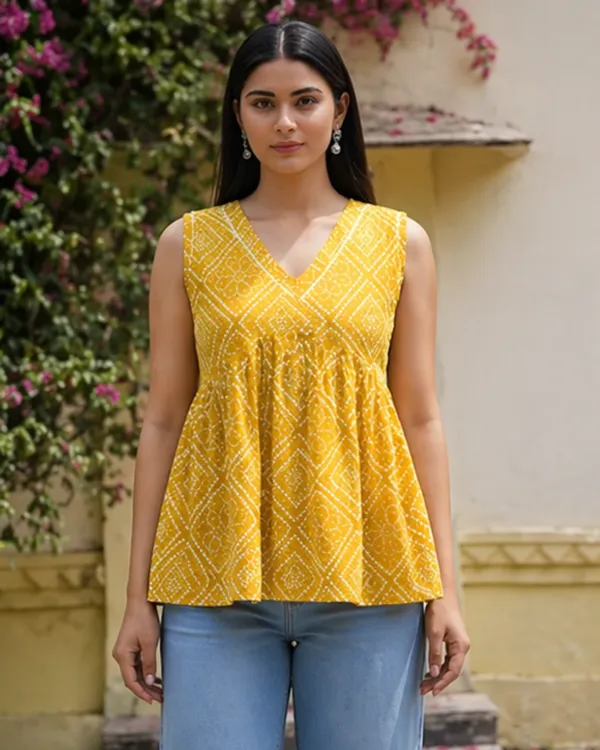 Women_Cotton_Bandhani_Sleeveless_Peplum_Style_Top_Yellow