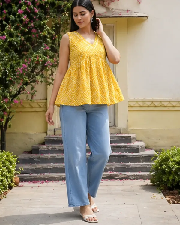 Women_Cotton_Bandhani_Sleeveless_Peplum_Style_Top_Yellow