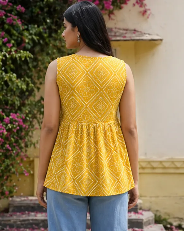 Women_Cotton_Bandhani_Sleeveless_Peplum_Style_Top_Yellow