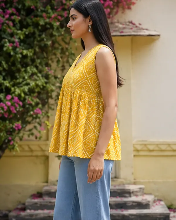 Women_Cotton_Bandhani_Sleeveless_Peplum_Style_Top_Yellow