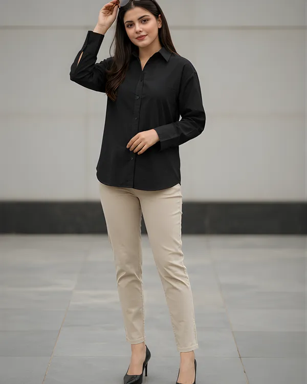 Women_Cotton_Slim_Fit_Shirt_With_Pockets_Black