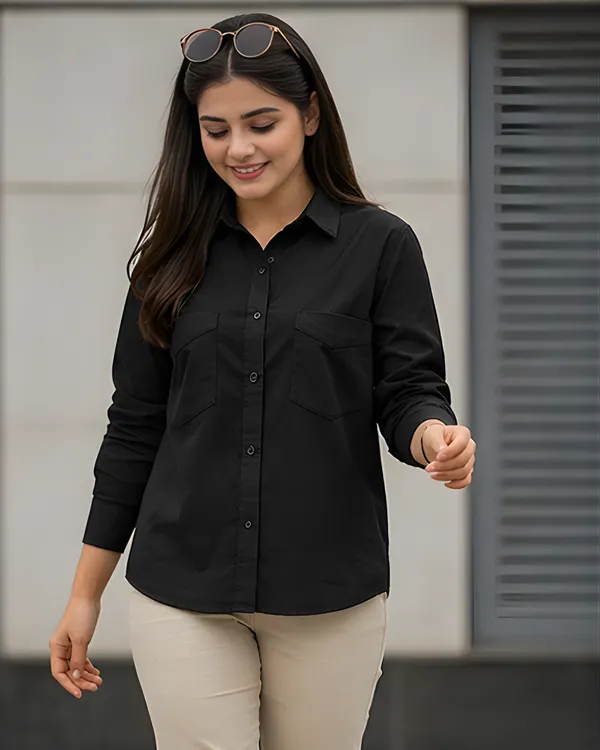 Women_Cotton_Slim_Fit_Shirt_With_Pockets_Black