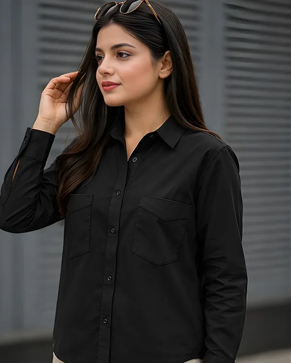 Women_Cotton_Slim_Fit_Shirt_With_Pockets_Black