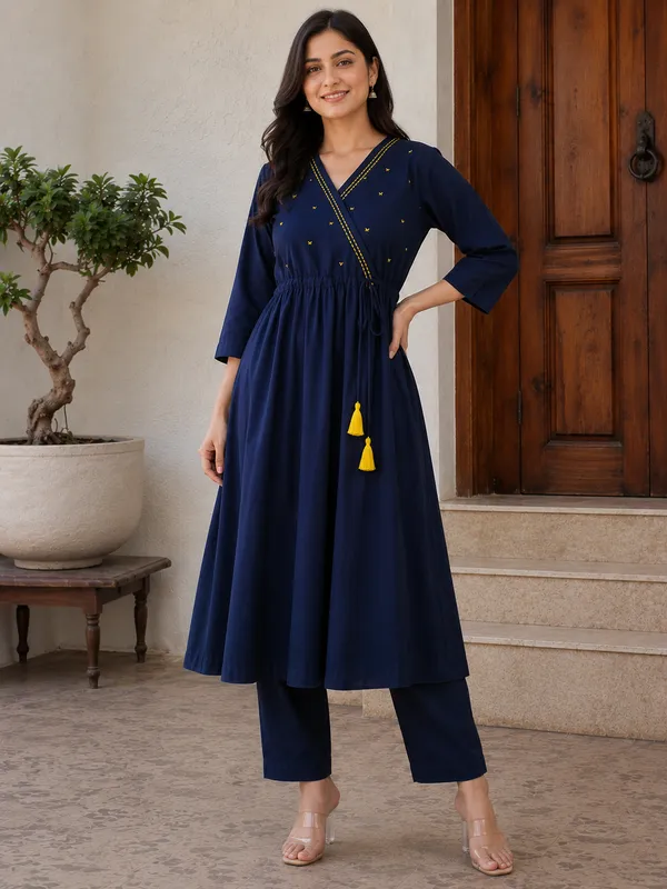 Womens_Navy_Blue_Anghrakha_Kurta_Set_In_Pure_Cotton_Navy_Blue
