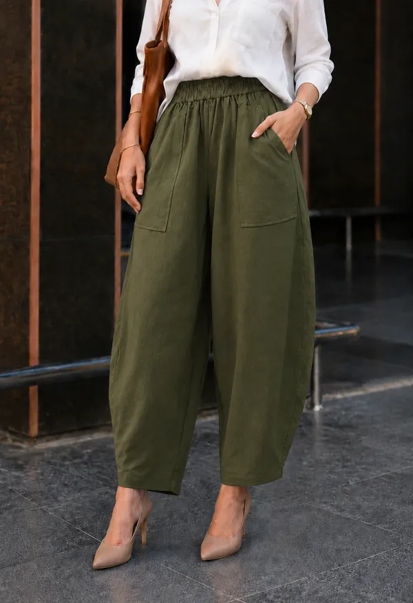 Women_Cotton_Balloon_Fit_Pants_Olive_Green