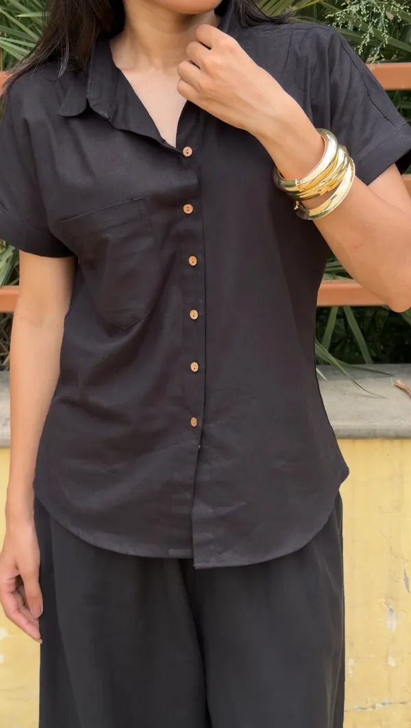 Womens_Shoulder_Down_Cotton_Slub_Solid_Casual_Shirt_Black