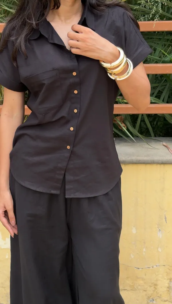 Womens_Shoulder_Down_Cotton_Slub_Solid_Casual_Shirt_Black