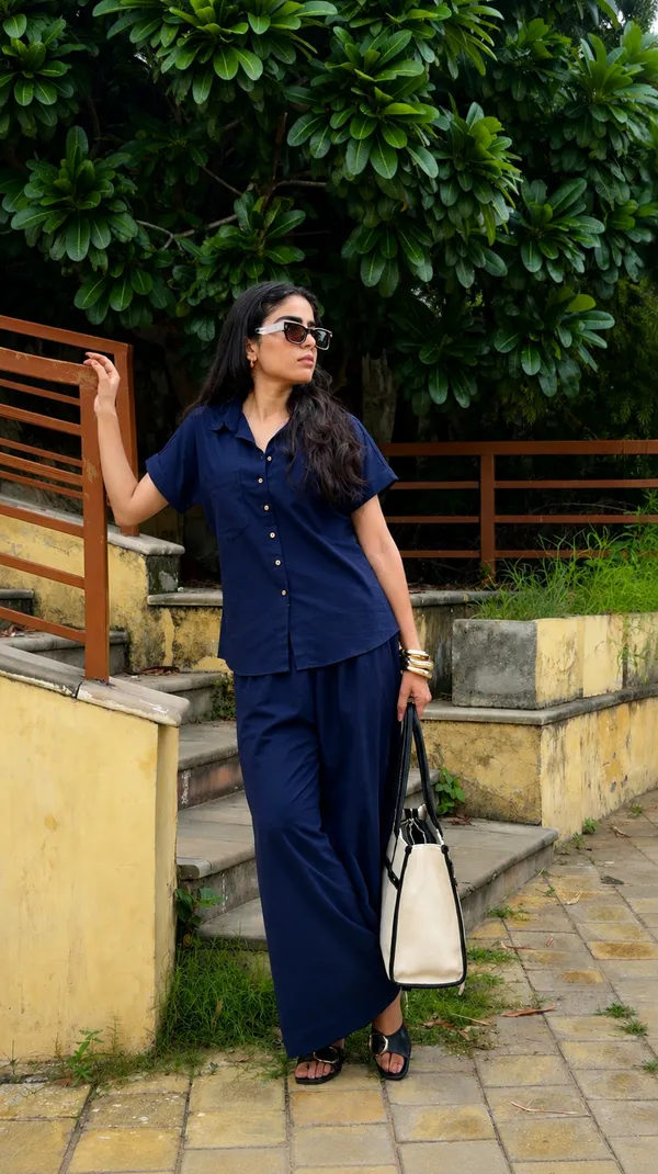 Womens_Shoulder_Down_Cotton_Slub_Solid_Casual_Shirt_Navy_Blue
