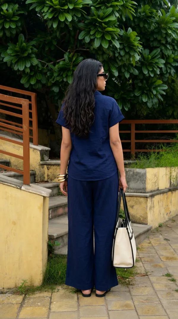 Womens_Shoulder_Down_Cotton_Slub_Solid_Casual_Shirt_Navy_Blue