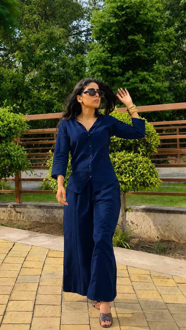 Womens_Cotton_Slub_Solid_Casual_Shirt_With_3_4_Sleeves_Navy_Blue