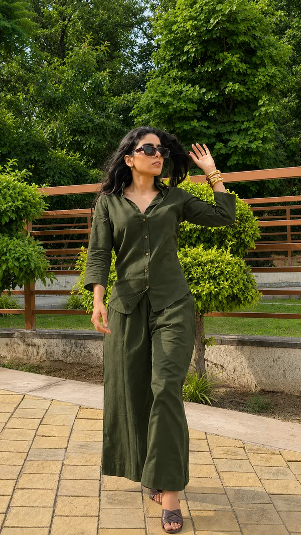 Women_Cotton_Flax_Solid_Casual_CO-ORD_set_With_3_4_Sleeves_Olive_Green
