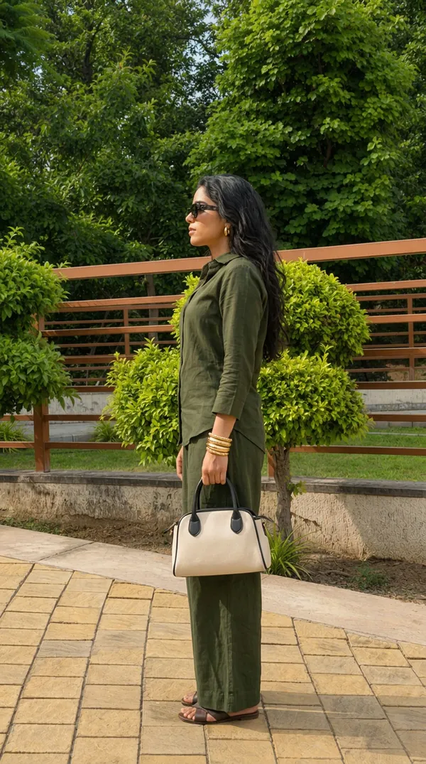 Women_Cotton_Flax_Solid_Casual_CO-ORD_set_With_3_4_Sleeves_Olive_Green