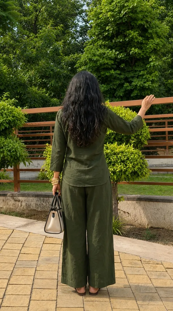 Women_Cotton_Flax_Solid_Casual_CO-ORD_set_With_3_4_Sleeves_Olive_Green