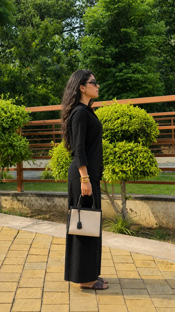 Women_Cotton_Flax_Solid_Co-Ord_Set_With_3_4_Sleeves_Black