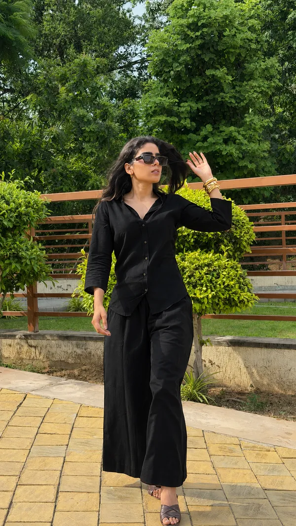 Women_Cotton_Flax_Solid_Co-Ord_Set_With_3_4_Sleeves_Black