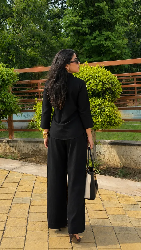Women_Cotton_Flax_Solid_Co-Ord_Set_With_3_4_Sleeves_Black