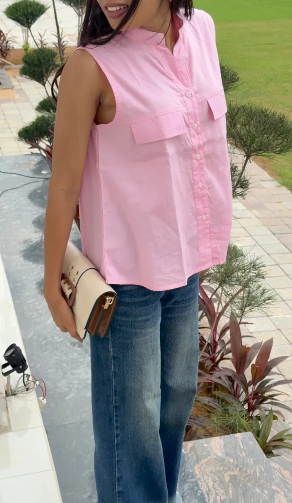 Womens_Pink_Sleeveless_Button_Down_Top_Pink