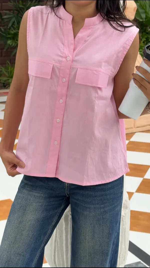 Womens_Pink_Sleeveless_Button_Down_Top_Pink